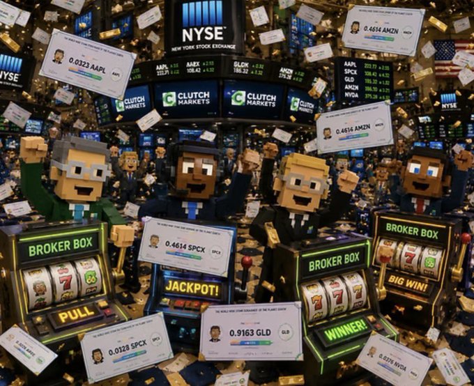 A stylized digital artwork depicting a chaotic New York Stock Exchange (NYSE) scene with pixelated 'Clutch Markets' broker characters celebrating behind slot machines labeled 'BROKER BOX' and 'JACKPOT!', surrounded by stock tickers for AAPL, SPX, AMZN, GLD, and NVDA.