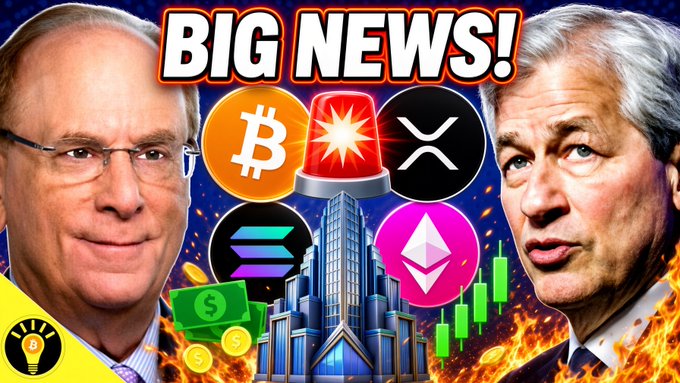 The image is a YouTube thumbnail featuring two men (likely Jamie Dimon and Larry Fink) flanking cryptocurrency logos including Bitcoin, XRP, Solana, Ethereum, and an alarm light, under bold text reading "BIG NEWS!" The graphic visually supports the video's topic about major banking and crypto news, with flames and rising bars symbolizing the heated market discussion around US banks launching blockchain/stablecoins and BlackRock's Bitcoin ETF changes.