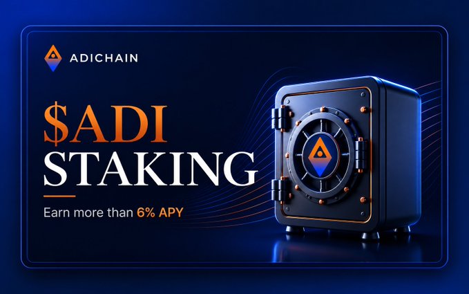 A digital advertisement for 'ADICHAIN' promoting '$ADI STAKING' with the tagline 'Earn more than 6% APY', featuring a dark blue background and a 3D illustration of a vault with the ADI logo.