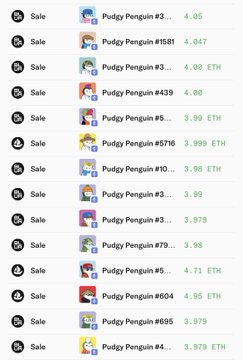 A screenshot of a digital marketplace showing multiple Pudgy Penguin NFT listings for sale, with prices ranging from approximately 3.979 to 4.99 ETH.
