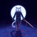A small dark silhouette of a horned, cat-like anime character holding two glowing swords, standing in front of a large white moon against a dark background.
