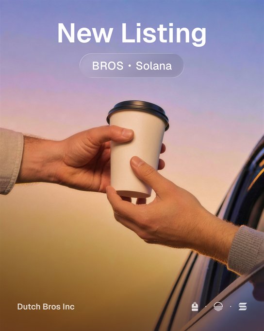 A mobile app screen showing a 'New Listing' for 'BROS · Solana' by Dutch Bros Inc, featuring an image of hands exchanging a coffee cup at sunset.