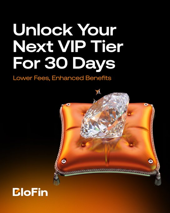 A promotional image for BloFin's VIP tier campaign features the text "Unlock Your Next VIP Tier For 30 Days" and "Lower Fees, Enhanced Benefits" above a large diamond resting on an orange cushion, symbolizing the premium status and rewards users can earn by completing deposit or trading volume requirements.