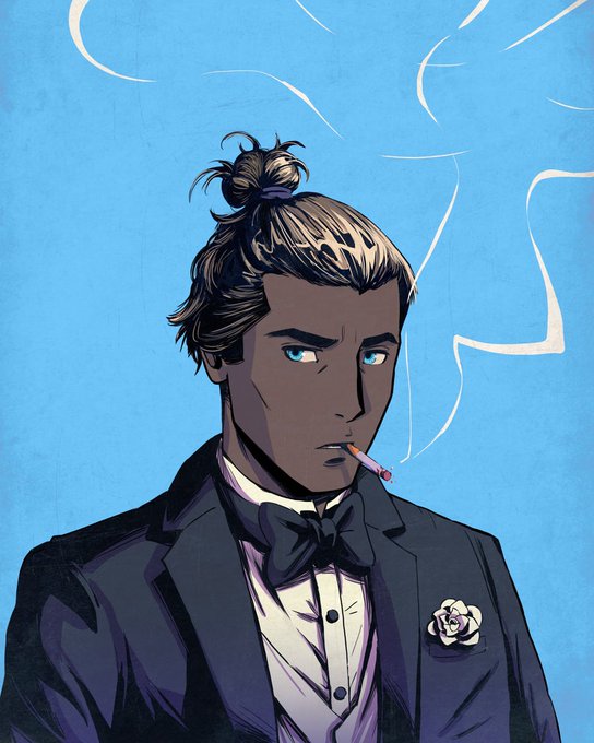 A stylized comic-book-style illustration of a young man with a top knot hairstyle, wearing a tuxedo with a bowtie and a white flower, smoking a cigarette against a blue background.