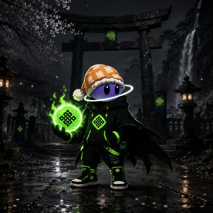 The image features a character with an orange hat, dressed in black clothing, holding a green ball that glows with a mysterious light. The character appears to be engaged in a ritual or ceremony, as indicated by the surrounding elements such as a temple-like structure and a waterfall. The image also includes text that reads "Ritual is building verifiable, decentralized AI that people can trust Verifiable AI | Decentralized Infrastructure | Community Driven Open, transparent & accessible AI for everyone @ritualnet @jez_Cryptoz @joshsimenhoff @0xMadScientist @cryptooflashh". The character's actions and the context of the image suggest a connection to an AI system or technology that is both intriguing and potentially beneficial.