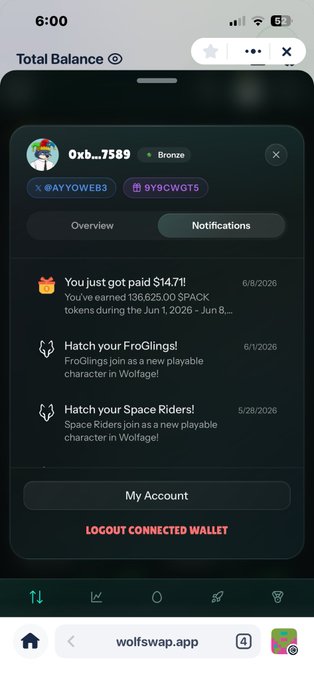 The image shows a phone screen displaying a message from Wolfswap app, which reads "Goodnight Yamiis I received 136,625 $PACK from participating in the @wolfswapdotapp weekly amplify contest. I got enough money to restock my yellow garri and hire a private chef for the night." The post is about how much money was won by the user of the app during the contest.