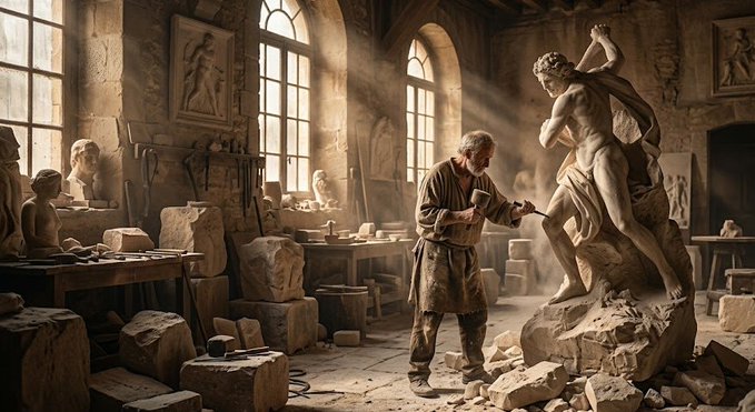 A dramatic Renaissance-style painting depicts an older bearded sculptor carving a marble statue of a male figure in a sunlit workshop filled with stone blocks and tools.