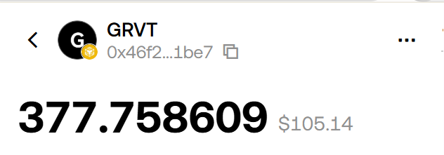 A screenshot of a cryptocurrency wallet showing a balance of '377.758609' (approximately $105.14) for the token GRVT, with the wallet address starting '0x46f2...1be7'.