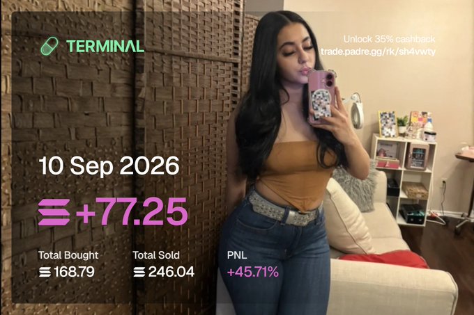 A woman takes a mirror selfie in her bedroom while a "TERMINAL" overlay displays trading results from September 10, 2026: +77.25 SOL profit (+45.71% PNL) on 168.79 SOL bought and 246.04 SOL sold, paired with a promo for 35% cashback via trade.padre.gg, matching the poster's boast of earning "+77.25 SOL today."