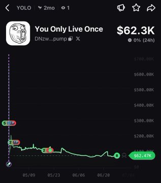 A chart showing the token "YOLO" (You Only Live Once) with contract address DNzw...pump at a $62.3K market cap and $2.47K liquidity, illustrating the post's call to buy the Pump.fun memecoin before a potential 100x move to $6M.