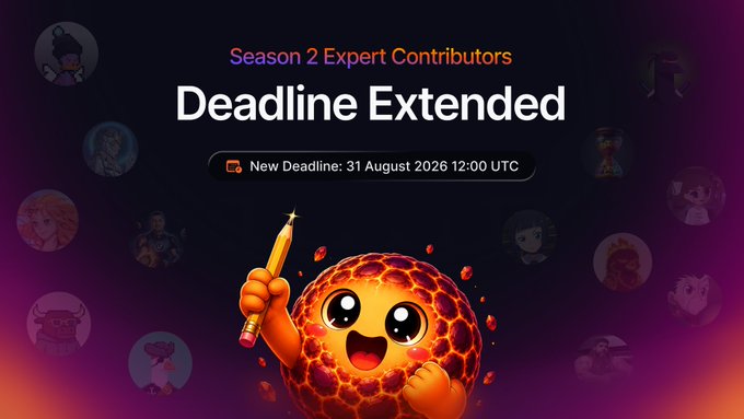A promotional graphic announcing that the "Season 2 Expert Contributors" submission deadline at contributors.meteora.ag has been extended to 31 August 2026 at 12:00 UTC, featuring a cartoon cookie-like character holding a pencil, which visually reinforces the call for more LP Army contributors to submit before the new cutoff.