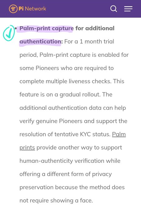 A Pi Network announcement titled "Palm-print capture for additional authentication" explains that the feature is being gradually rolled out as an optional biometric verification method for a 1-month trial, supporting KYC resolution without requiring facial recognition. This directly aligns with the accompanying post about Pi's development of palm, face, or eye-based payment authentication as the future of money.