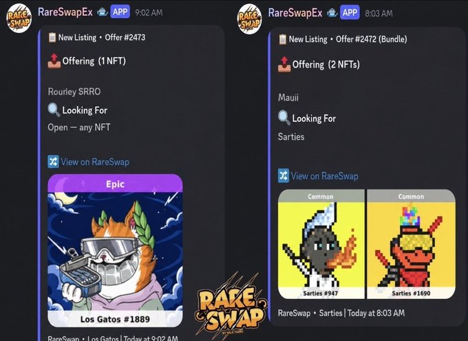Two RareSwapEx app notifications for new NFT listings - Offer #2473 featuring an Epic 'Los Gatos #1889' NFT and Offer #2472 (Bundle) featuring two Common 'Sarties' NFTs.