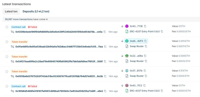 A screenshot of Etherscan showing the 'Latest transactions' list, including failed contract calls and successful token transfers via Swap Router and ERC-4337 Entry Point, with values ranging from 0 to 0.15 ETH.