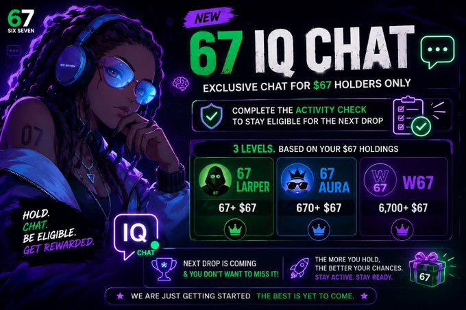 A promotional graphic for '67 IQ CHAT' featuring an anime-style character with dreadlocks and blue glasses, advertising an exclusive chat for '$67' holders with three tiered levels: '67 LARPER', '67 AURA', and 'W67'.