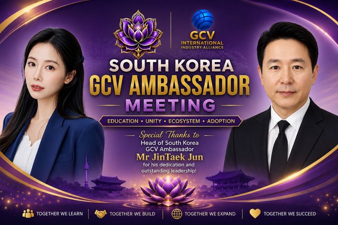 A promotional banner for the 'South Korea GCV Ambassador Meeting' by GCV International Industry Alliance, featuring two people and thanking 'Mr JinTaek Jun' as Head of South Korea GCV Ambassadors for his dedication.