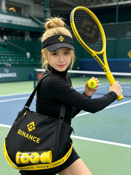 The image features a woman holding a tennis racket, with two yellow tennis balls attached to her racket handle. She is wearing a black outfit that includes a visor hat. The background of the photo shows an indoor sports court where she is posing for the picture. There are also several other people in the scene, but they do not seem to be directly involved with the main subject or activity taking place.