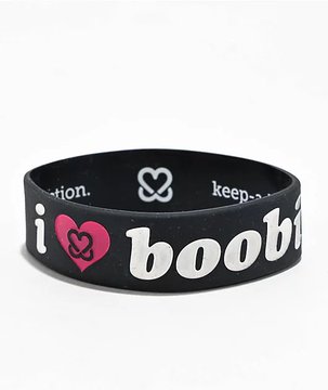 ikebana-themed black and white wristband with a pink heart design, inscribed "I love boobies" in bold white letters.