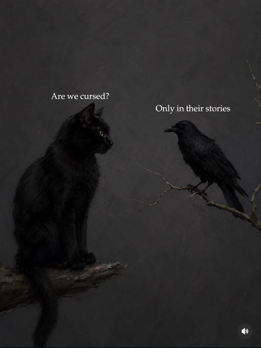 A black cat and a black crow perch on bare branches against a dark background, with text reading "Are we cursed?" from the cat and "Only in their stories" from the crow.

The image relates to the post "Not in the @veefriends world" by suggesting that while cats and crows may be viewed as symbols of bad luck in folklore, they are free from such "curses" within the Veefriends universe.