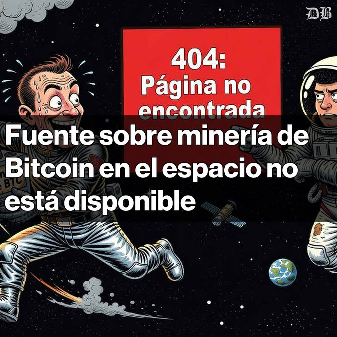 A 404 error page graphic with comic-style illustrations of astronauts and a satellite in space, featuring the Spanish text "Fuente sobre minería de Bitcoin en el espacio no está disponible".
