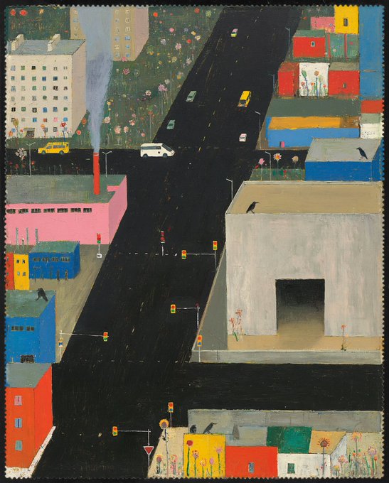 A colorful naive-style painting depicting an aerial view of a city intersection with buildings in various colors, vehicles, traffic lights, and small figures of people and birds.