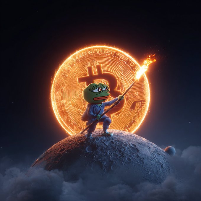 A Pepe the Frog character stands triumphantly atop a small moon-like celestial body, wielding a flaming staff in front of a massive glowing Bitcoin logo emblazoned with the Bitcoin symbol. The image ties into the "#BITCOIN HAS RECLAIMED $78,000" post by visually celebrating Bitcoin's price recovery with triumphant, cosmic imagery and the iconic meme mascot symbolizing crypto enthusiasm.