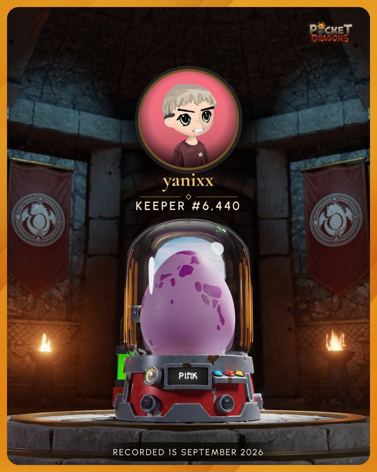A digital collectible card from 'Pocket Dragons' features a purple egg in a glass display case, labeled 'KEEPER #6,440' under the username 'yanixx', recorded 15 September 2026.
