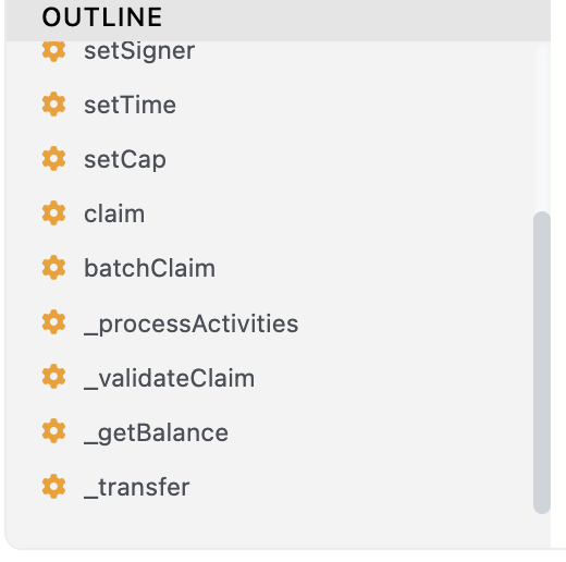 A screenshot of a documentation 'OUTLINE' section listing code methods with gear icons: setSigner, setTime, setCap, claim, batchClaim, _processActivities, _validateClaim, _getBalance, and _transfer.