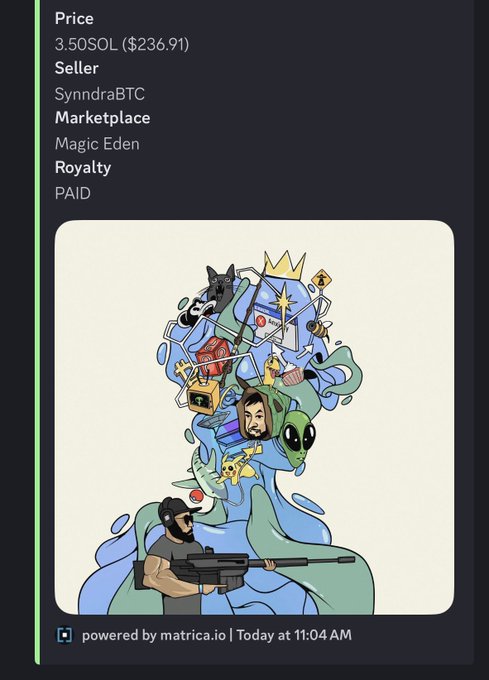 The image shows a cartoon drawing of an alien head with various objects, including a gun, floating above it. Below this illustration, there is text that reads "Price 3.50SOL $3.49/sol", indicating that the artwork has been sold for $3.5 per sol. The post also mentions that the artist was paid $1.0 to create the drawing.