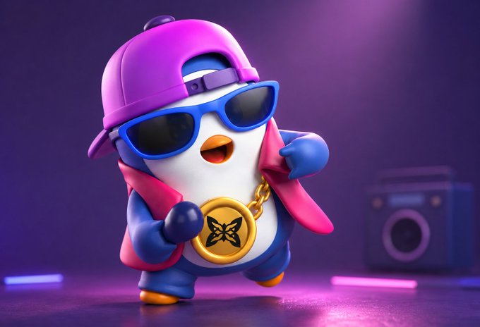 The image features a cartoon penguin wearing sunglasses, a hat, and a jacket with a gold chain around its neck. The penguin appears to be dancing or performing some action while standing on one leg. In the background, there are two speakers, suggesting that this scene might be taking place at a party or event where music is being played.