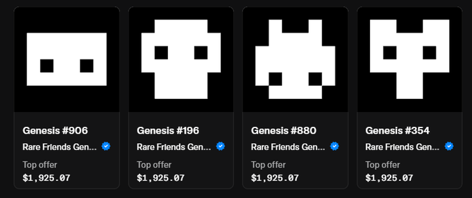 Four NFT listing cards from a marketplace, each showing a white pixelated skull-like icon labeled 'Genesis' with a 'Top offer' of '$1,925.07'.