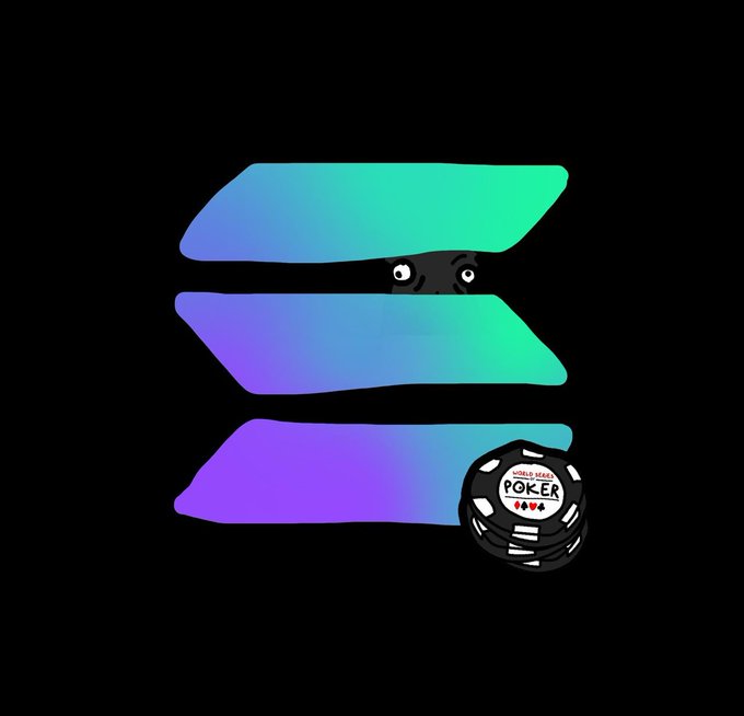 A cartoonish logo features a stack of three gradient-colored (blue-purple-green) banner shapes with a small character peeking out, accompanied by a poker chip labeled "World Series POKER" with card suit symbols.

The gaming/poker imagery visually reinforces the post's metaphor of high-stakes crypto trading as a poker game, where luck, skill, and spirit determine wins and losses with $Tokabu.
