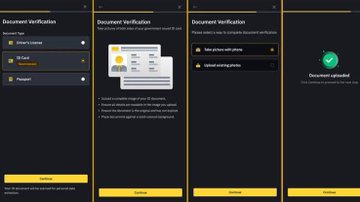 A four-panel screenshot showing a 'Document Verification' process where a user selects a document type, uploads photos, and reaches a 'Document uploaded' success screen.