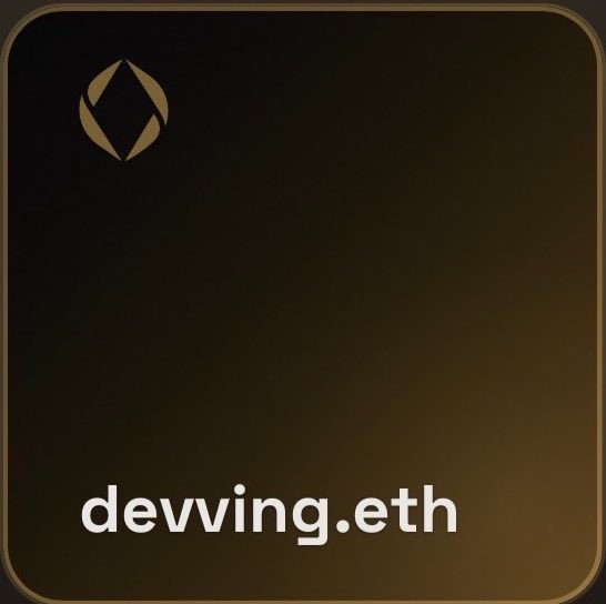 A digital profile card with a dark gradient background features a logo at the top and the text 'devving.eth' at the bottom.