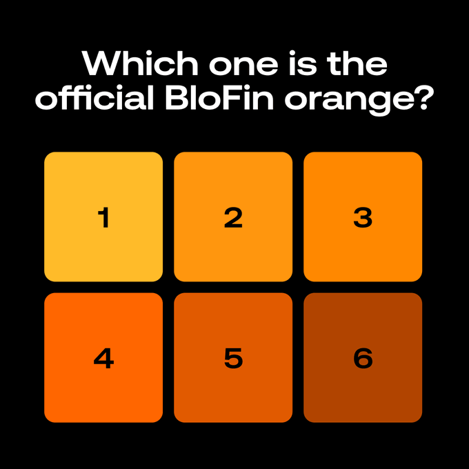 The image presents a quiz asking "Which one is the official BloFin orange?" with six orange color swatches numbered 1 through 6 in shades ranging from light yellow-orange to dark brown-orange, prompting followers to guess the correct shade to enter a 200 USDT reward giveaway.