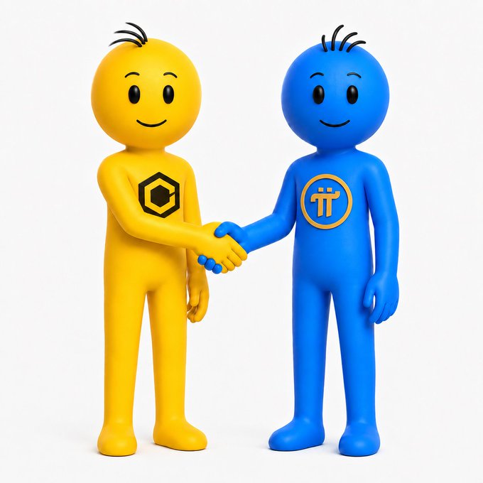 Two cartoonish 3D figures—one yellow with a black hexagonal $CORE logo and one blue with a gold $PI symbol—shake hands and smile, symbolizing the partnership between the Pi Network and Core (CORE) crypto projects. The friendly handshake visually reinforces the post's message of a new collaboration between $PI and $CORE.