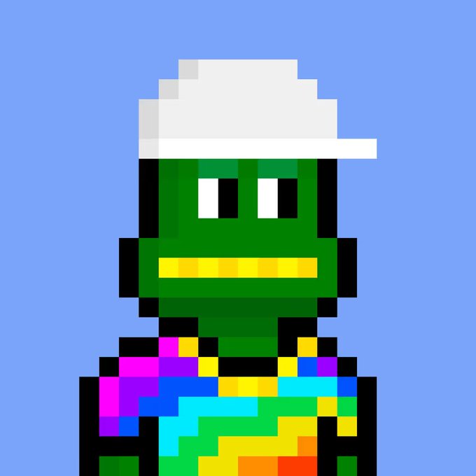 A pixel art illustration of a green, blocky character wearing a white cap and a colorful, patterned shirt against a solid blue background.
