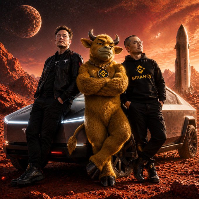 The image is an AI-generated fantasy scene depicting Elon Musk (in Tesla apparel), a muscular Binance-branded bull mascot, and Changpeng Zhao (CZ, wearing a Binance hoodie) standing together with a Tesla Cybertruck and a SpaceX Starship rocket on a Mars-like landscape with a red moon overhead. It visually reinforces the post's crypto/meme culture theme by blending recognizable figures from Tesla, SpaceX, and Binance with the bullish imagery of BNB (Binance Coin), supporting the promotion of the @niulaibnbx memecoin project.