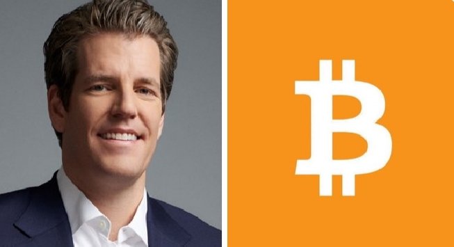 A smiling man in a dark blazer appears alongside an orange panel displaying the white Bitcoin (₿) logo. The image visually represents Tyler Winklevoss and his bullish outlook on Bitcoin as "gold 2.0," with the cryptocurrency's iconic symbol serving as a direct visual cue to his investment thesis.