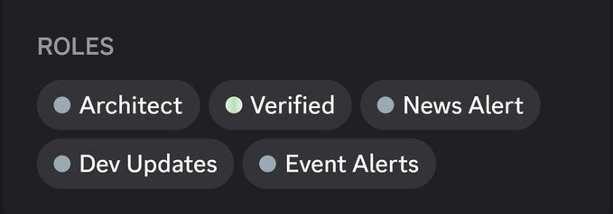 A dark interface showing a 'ROLES' section with five tag options: Architect, Verified, News Alert, Dev Updates, and Event Alerts.