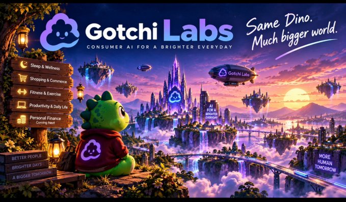 A vibrant promotional banner for "Gotchi Labs - Consumer AI for a Brighter Everyday" featuring a green dinosaur mascot in a hoodie overlooking a fantastical floating city with floating islands and a zeppelin, alongside a menu including Sleep & Wellness, Shopping & Commerce, Fitness & Exercise, Productivity & Daily Life, and Personal Finance. The tagline reads "Same Dino. Much bigger world."