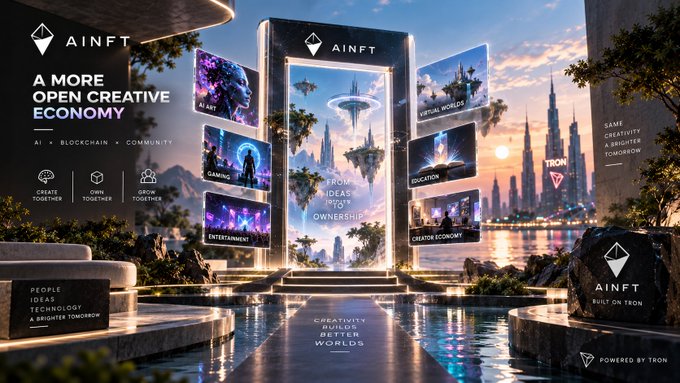 Promotional graphic for "AINFT" featuring text "A MORE OPEN CREATIVE ECONOMY" with sections for AI, blockchain, and community, showing floating panels with game categories like "GAMING," "ENTERTAINMENT," and "EDUCATION" in a futuristic cityscape.