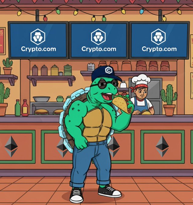 A cartoon turtle mascot wearing a Crypto.com cap, sunglasses, and jeans eating a taco in front of a taco stand decorated with Crypto.com branding, Ethereum logos, and string lights.