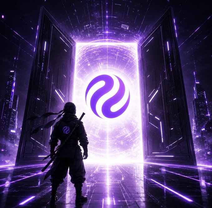 A futuristic digital artwork showing a hooded figure with a sword standing before a glowing purple portal containing a circular swirl logo, set in a neon-lit sci-fi corridor.