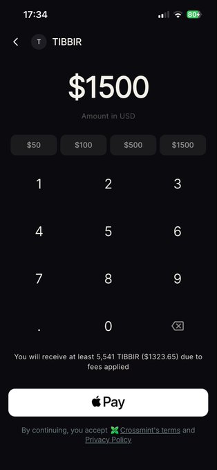 A mobile app screen showing a purchase interface for TIBBIR token, with $1500 entered as the USD amount. A keypad is displayed, and text indicates the user will receive at least 5,541 TIBBIR ($1323.65) due to fees, with an Apple Pay button at the bottom.