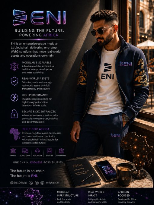 A promotional poster for ENI features a man in an ENI-branded jacket, highlighting the project as an enterprise-grade modular L1 blockchain 'Building the Future, Powering Africa' with features like Modular & Scalable, Real-World Assets, and High Performance.