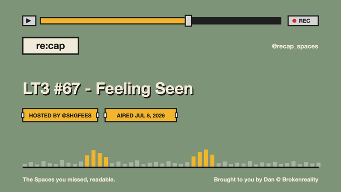 A green-themed graphic for the 're:cap' Spaces podcast, specifically episode 'LT3 #67 - Feeling Seen,' hosted by @shgfees and aired on July 8, 2026, with a retro audio waveform design.