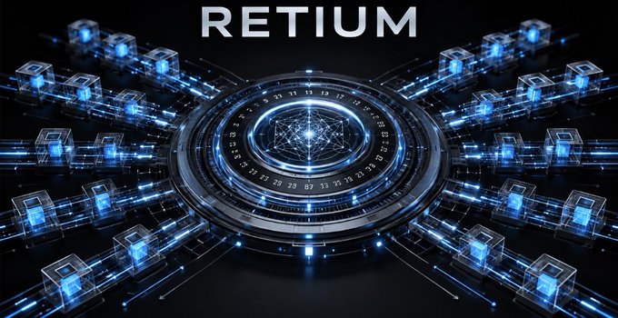 The image features the text "RETIUM" above a futuristic, glowing blue digital interface with a central circular display showing "Blockchain time" and numbered dials, surrounded by interconnected data nodes, visually reinforcing the post's critique that blockchain's focus on raw speed metrics masks a deeper design problem.