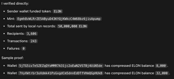 The image displays a verification summary for an ELON token airdrop, confirming that the sender wallet funded the token with the mint address "Egmb8vWLRrZE5AByuD43KY0jKwKcC4W68bz6jisApump," distributing a total of 50,000,000 ELON tokens across 243 transactions to 3,606 recipients with zero failures. A sample proof shows compressed ELON balances (8,000 and 32,000) for two example recipient wallets, providing on-chain evidence that supports the post's claim of completing the first airdrop set valued at $15,000.