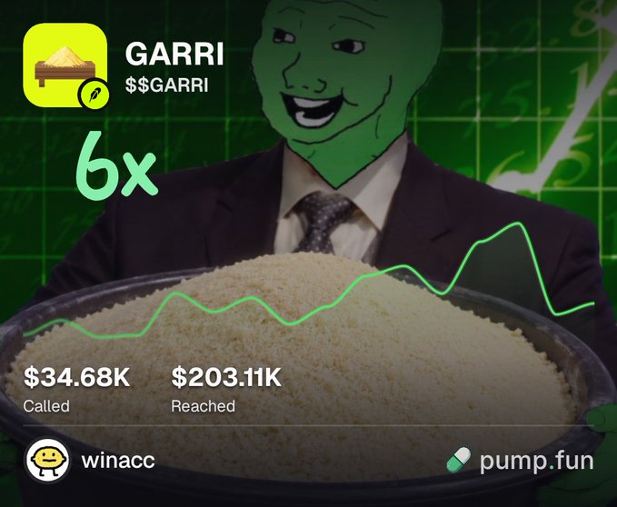 A promotional graphic for GARRI ($GARRI) features a Wojak-style green character holding a bowl of rice, noting a 6x multiplier on pump.fun.